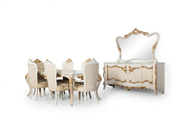 Complete set dining table + 6 chairs dining room dining group wood sideboard + mirror 9-piece set