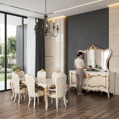 Luxury Set Dining Room Dining Table Chair XL Table Tables Chairs Wood Design 7 pcs New