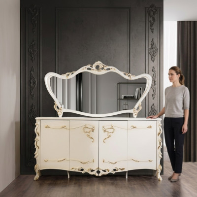 Sideboard Mirror Set Dining Baroque Wood Dressers Wooden Cabinet New
