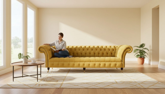 Elegance Design Sofa 4-Seater Couch Upholstery Luxury Textile Chesterfield Sofas Yellow