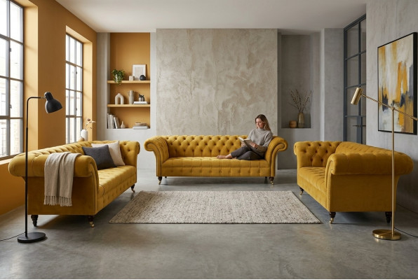 Yellow Chesterfield Sofa Set Couch Upholstery Set Complete Seating Suite
