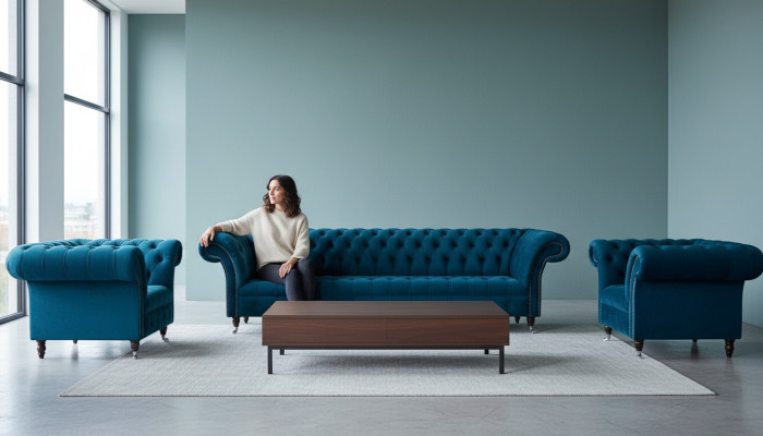 Blue Chesterfield sofa set couch upholstery set seating arrangement 3+1+1
