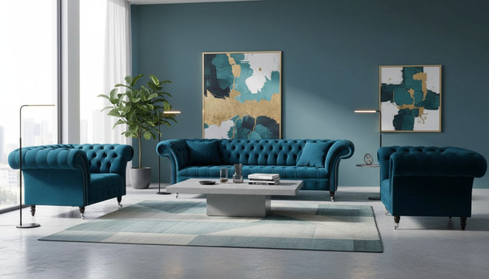 Blue Chesterfield sofa set couch upholstery set seating arrangement 3+1+1