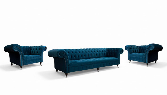 Blue Chesterfield sofa set couch upholstery set seating arrangement 3+1+1