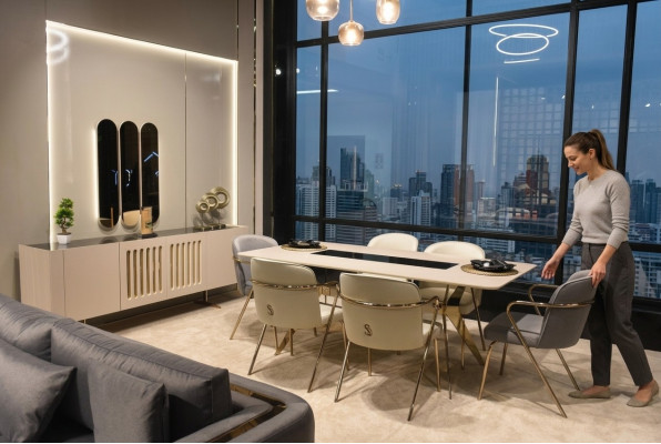 Luxurious dining room set dining table + 6x chairs + sideboard with mirror