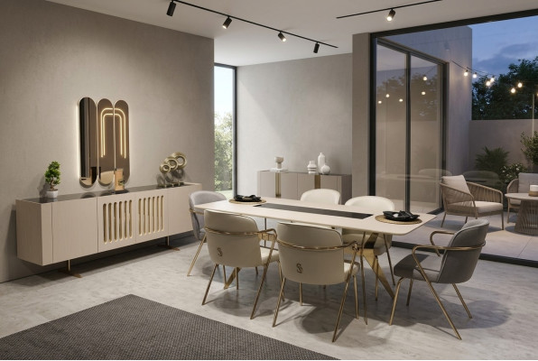Luxurious dining room set dining table + 6x chairs + sideboard with mirror