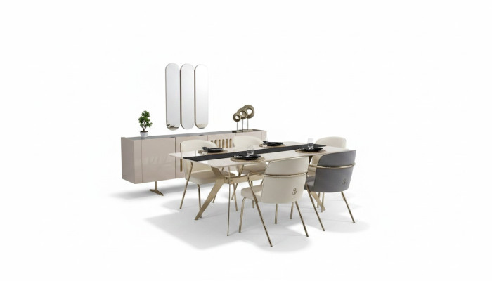 Luxurious dining room set dining table + 6x chairs + sideboard with mirror