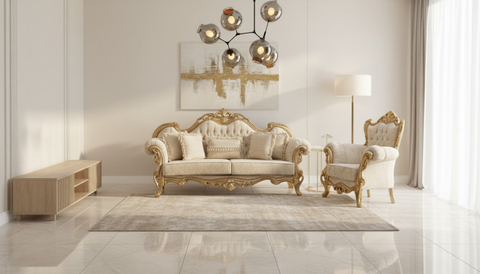Chesterfield sofa and armchair in beige with high-quality luxury design