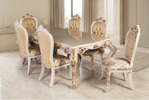 Beige classic dining room furniture designer dining table with Chesterfield upholstered chairs