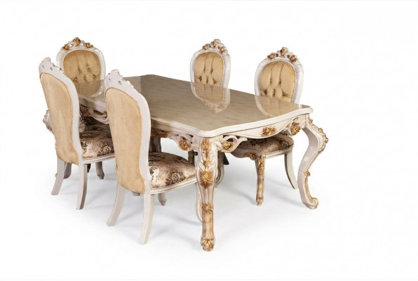 Beige classic dining room furniture designer dining table with Chesterfield upholstered chairs