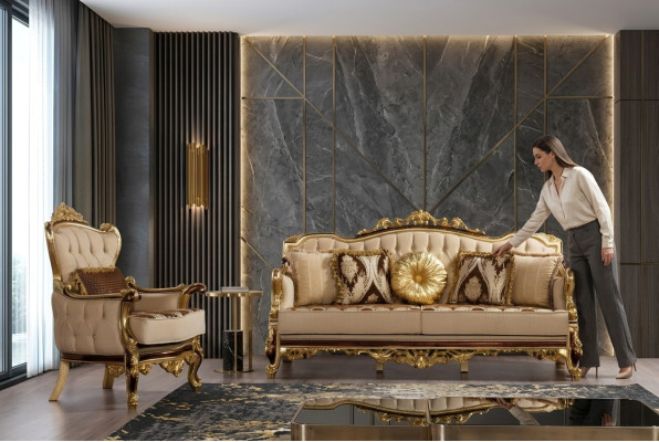 Luxury Sofa Beige Sofa Set Armchair 3+1 Seater Fabric Design Sofas