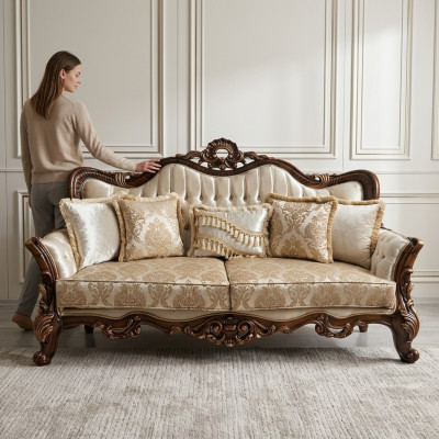 Chesterfield Baroque Three-Seater Furniture Sofa Couches Fabric Gold Couch