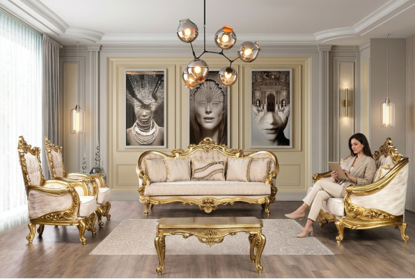 Golden sofa set couch set 5-piece with coffee table Chesterfield baroque
