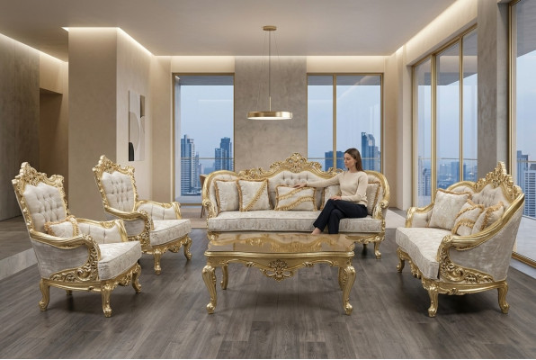 3+1 Seating Sofa Set Luxurious Golden Coffee Table Living Room 3-piece.