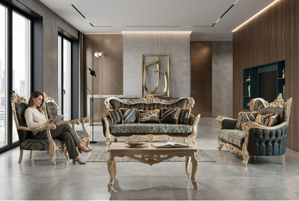Sofa set sofa couch baroque rococo set coffee table turquoise 5-piece gold
