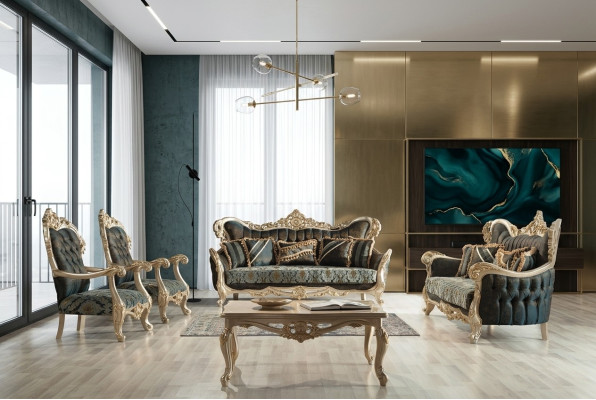 Sofa set sofa couch baroque rococo set coffee table turquoise 5-piece gold