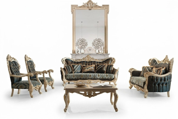 Sofa set sofa couch baroque rococo set coffee table turquoise 5-piece gold