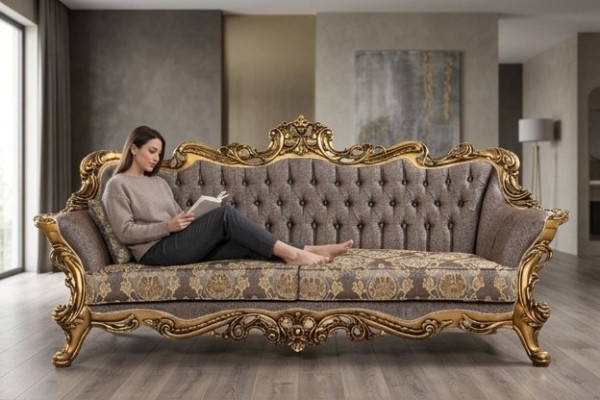 Classic Chesterfield Couch Three-Seater Golden Frame Sofa Couches