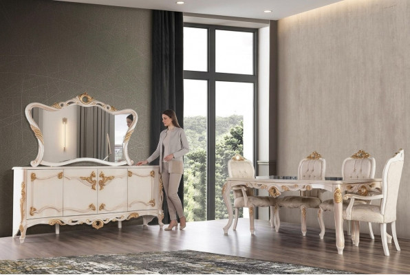 Dining table set group dining room table chair set sideboard mirror 6-piece