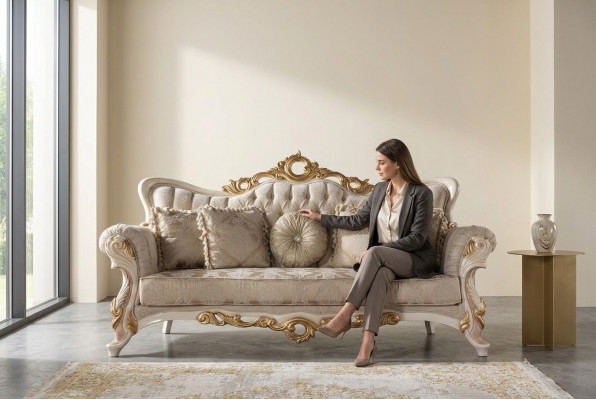 Chesterfield baroque couch furniture sofa sofas fabric gold three-seater