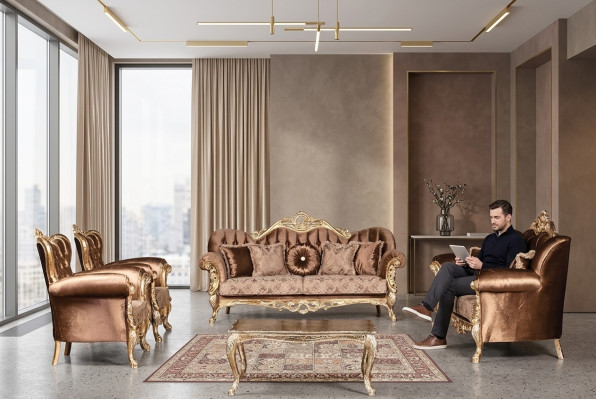 Golden velvet couch set Chesterfield sofa furniture wood 5-piece set