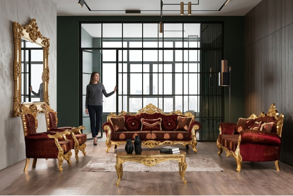 Bordeaux Red Sofa Set Couch Gold Classic Furniture Table 5-piece.