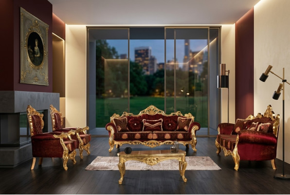 Bordeaux Red Sofa Set Couch Gold Classic Furniture Table 5-piece.