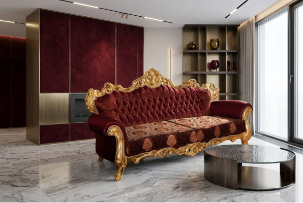 Luxury Three-Seater Sofa Upholstered Furniture Velvet Baroque Red 3-Seat Sofa New