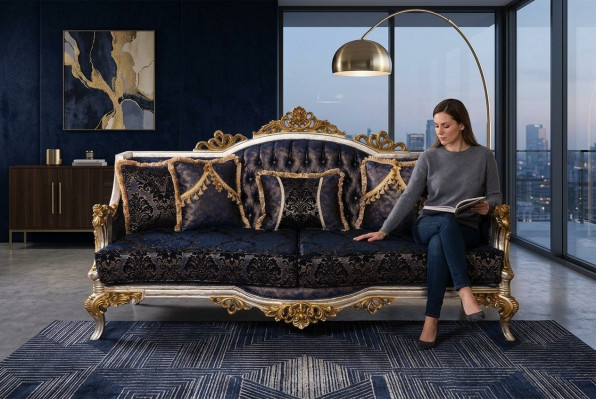 Baroque-style Three-seater Couch with Golden Frame Sofa Couches Furniture New