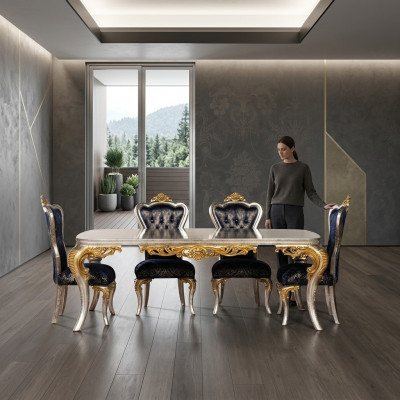 Exquisite golden dining room set with a dining table and x4 Chesterfield chairs luxury furniture