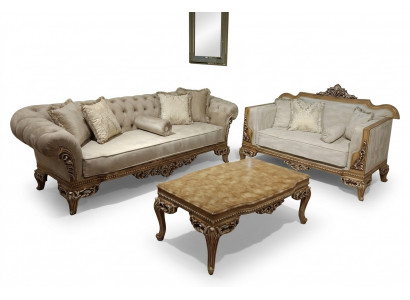 Designer sofa in light fabric cover, 3-seater + coffee table, new model for living room