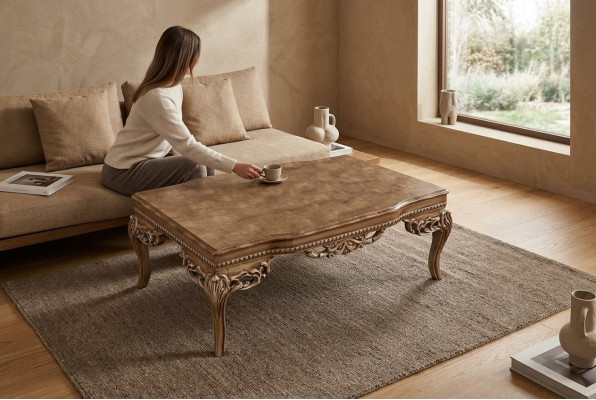 For living room Art Deco coffee table made of wood light color carved legs new