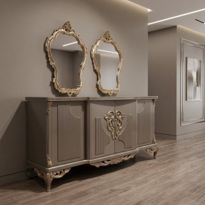 Sideboard with Mirror Taupe Brown Wood Cabinet Sideboard 2-piece