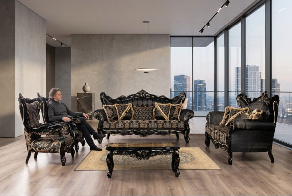 Black Baroque Furniture Sofa Set Couch Upholstered Furniture Table 5-piece