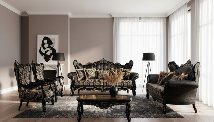 Black Baroque Furniture Sofa Set Couch Upholstered Furniture Table 5-piece