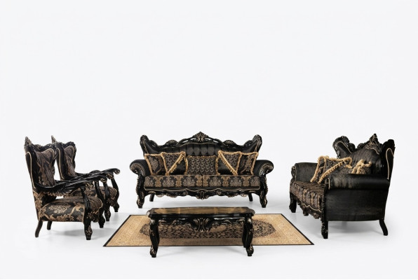 Black Baroque Furniture Sofa Set Couch Upholstered Furniture Table 5-piece