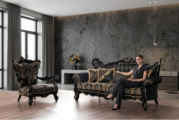 2-piece sofa set for the living room 3+1 seats black sofa and armchair with gold pattern