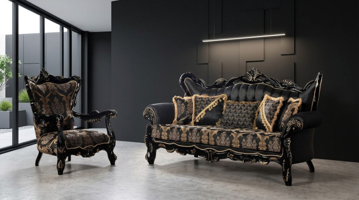 2-piece sofa set for the living room 3+1 seats black sofa and armchair with gold pattern