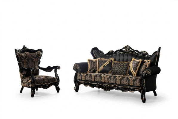 2-piece sofa set for the living room 3+1 seats black sofa and armchair with gold pattern