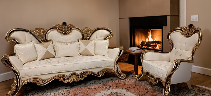 Chesterfield Upholstery Set 3+1 Seat + Coffee Table Wood Baroque Rococo