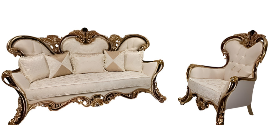 Chesterfield Upholstery Set 3+1 Seat + Coffee Table Wood Baroque Rococo