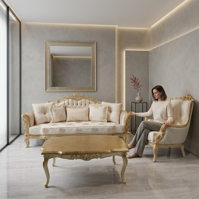Sofa set: 3+1 seater sofa, armchair, table with carved legs, 3-piece coffee table.