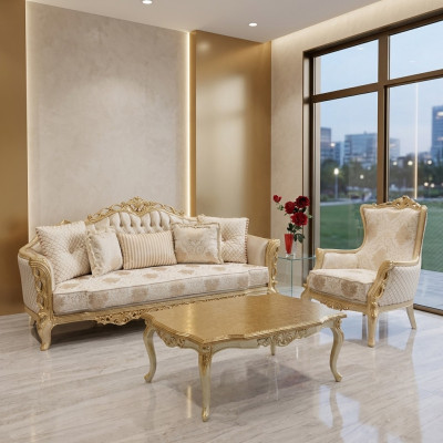 Sofa set: 3+1 seater sofa, armchair, table with carved legs, 3-piece coffee table.