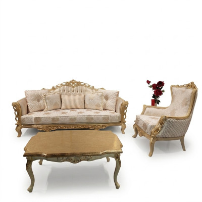 Sofa set: 3+1 seater sofa, armchair, table with carved legs, 3-piece coffee table.