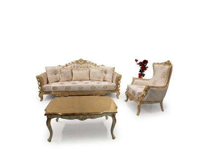 Sofa set: 3+1 seater sofa, armchair, table with carved legs, 3-piece coffee table.