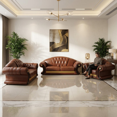 Brown Chesterfield Sofa Set Leather Sofa Couch Group 3+2+1 Set