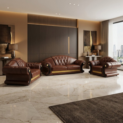 Brown Chesterfield Sofa Set Leather Sofa Couch Group 3+2+1 Set