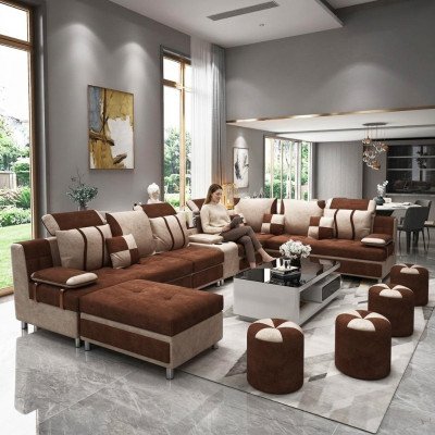 Brown U-shaped sofa upholstery for relaxing in the living room, soft cushions