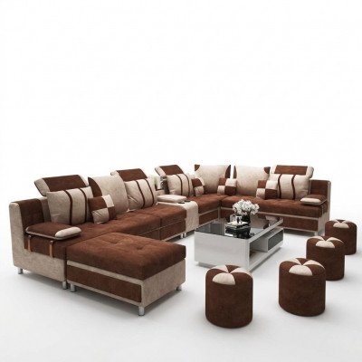 Brown U-shaped sofa upholstery for relaxing in the living room, soft cushions
