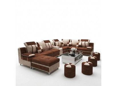 Brown U-shaped sofa upholstery for relaxing in the living room, soft cushions